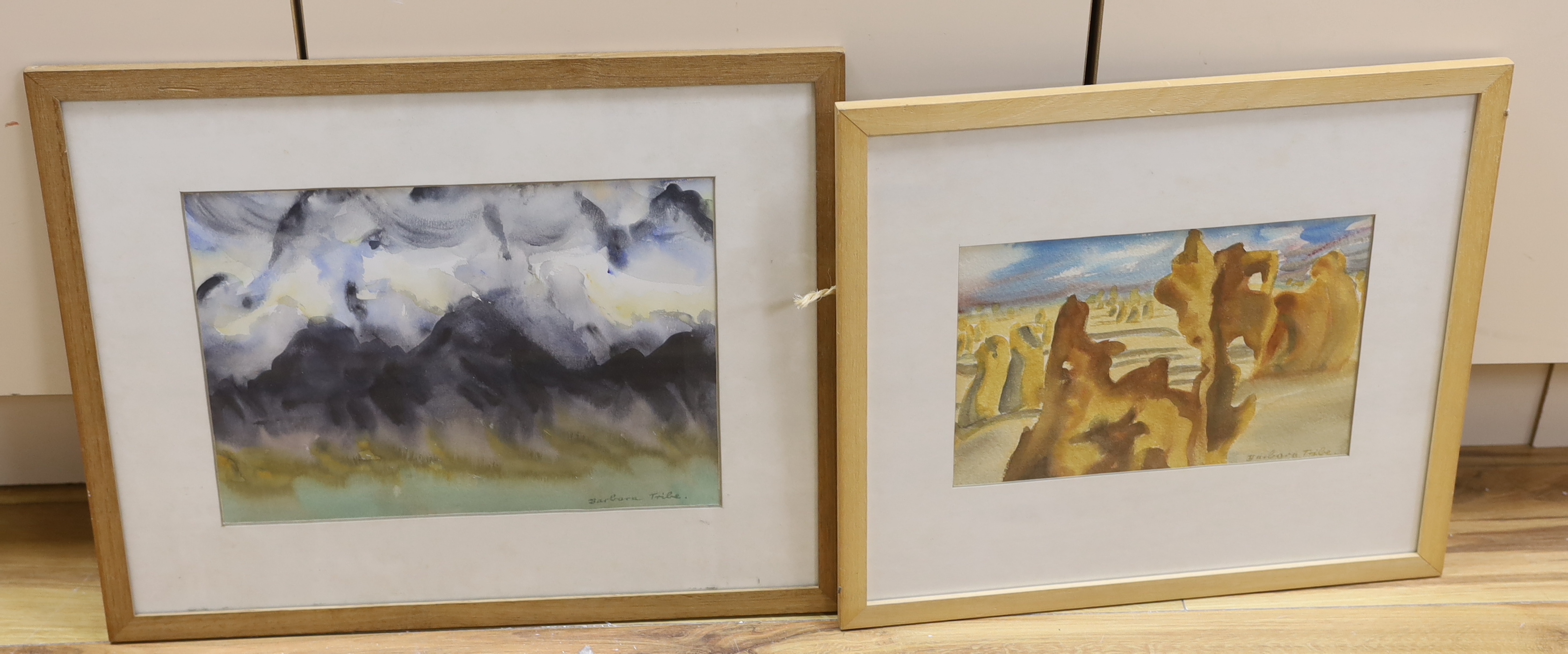 Barbara Tribe (1913-2000), two watercolours, ‘Pillars in the Sand, Western Australia’ and ‘Snow Santa Rita Mountains, Mexico to Arizona', signed, labels verso, the largest 33cm x 24cm